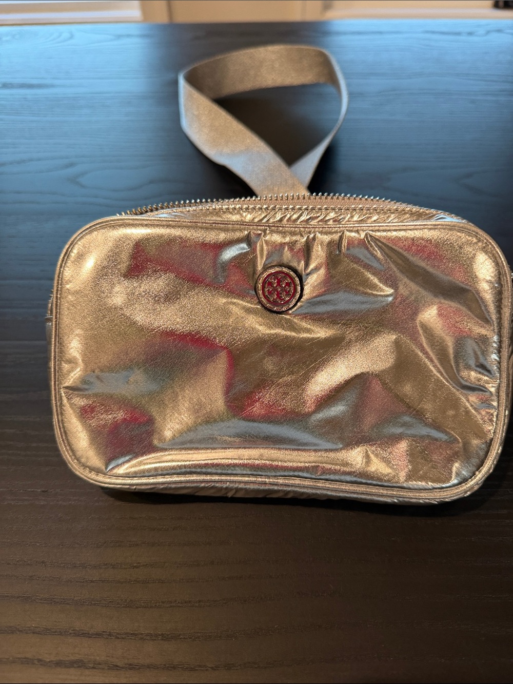 Tory Burch Metallic Silver Crossbody Bag with Logo Emblem